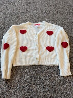Paper Doll Girls M 10/12 Ivory Red Heart Applique Knit Cropped Cardigan Sweater